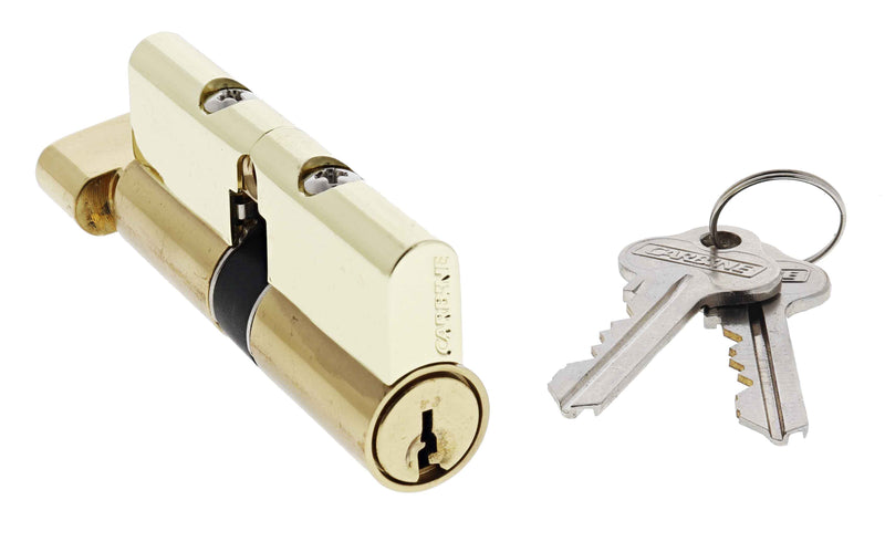 Carbine Euro Cylinder and turn Fixed Cam, 6 pin, C4 Keyed to Differ, , Boxed, Polished Brass