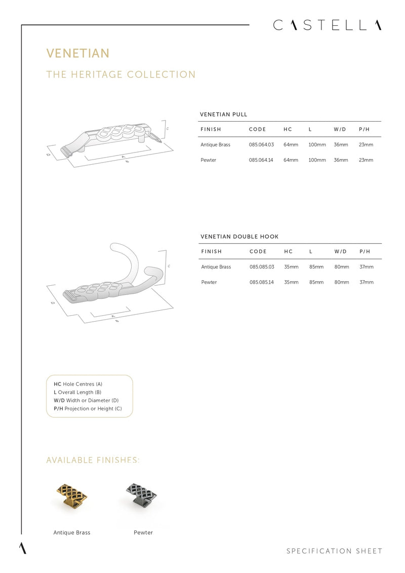 CASTELLA VENETIAN CABINET DOUBLE HOOK 86MM