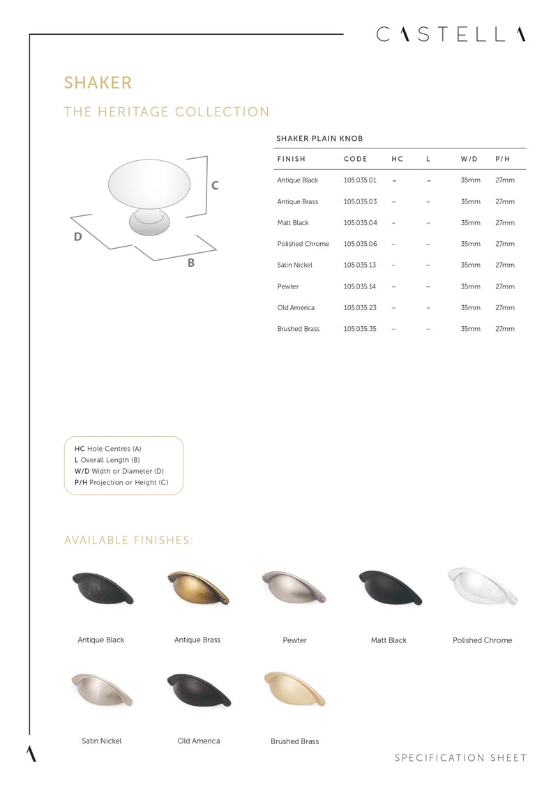 CASTELLA HERITAGE SHAKER KITCHEN CABINET 30MM PLAIN KNOB