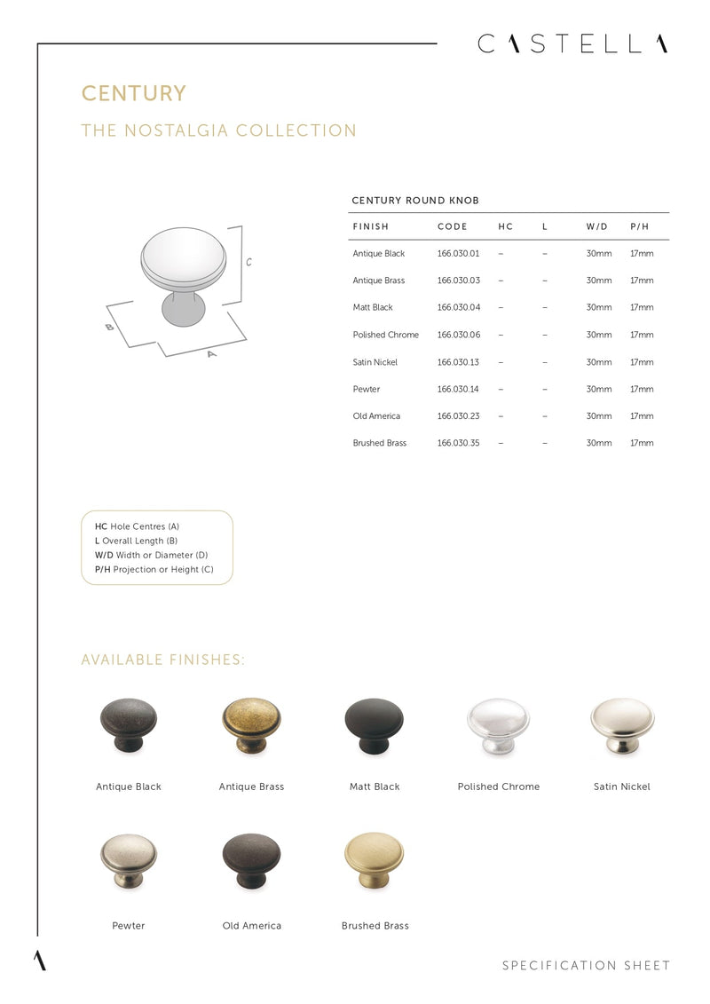 CASTELLA NOSTALGIA CENTURY CABINET ROUND KNOB 30MM