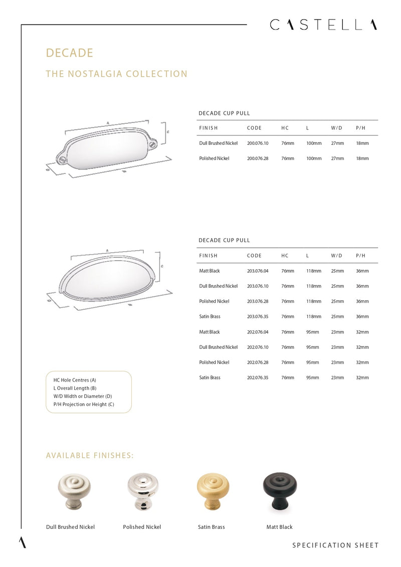 CASTELLA DECADE CABINET CUP PULL HANDLE 97MM