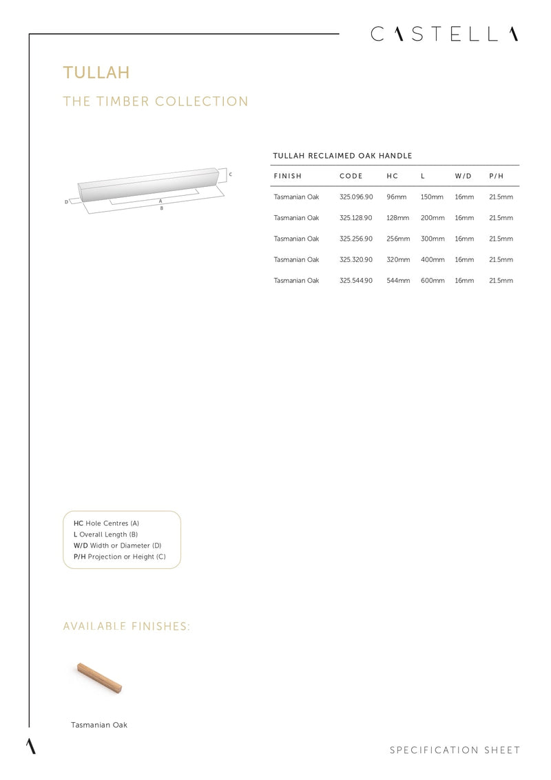 Castella Tullah Cabinet Pull Handle Tasmanian Oak