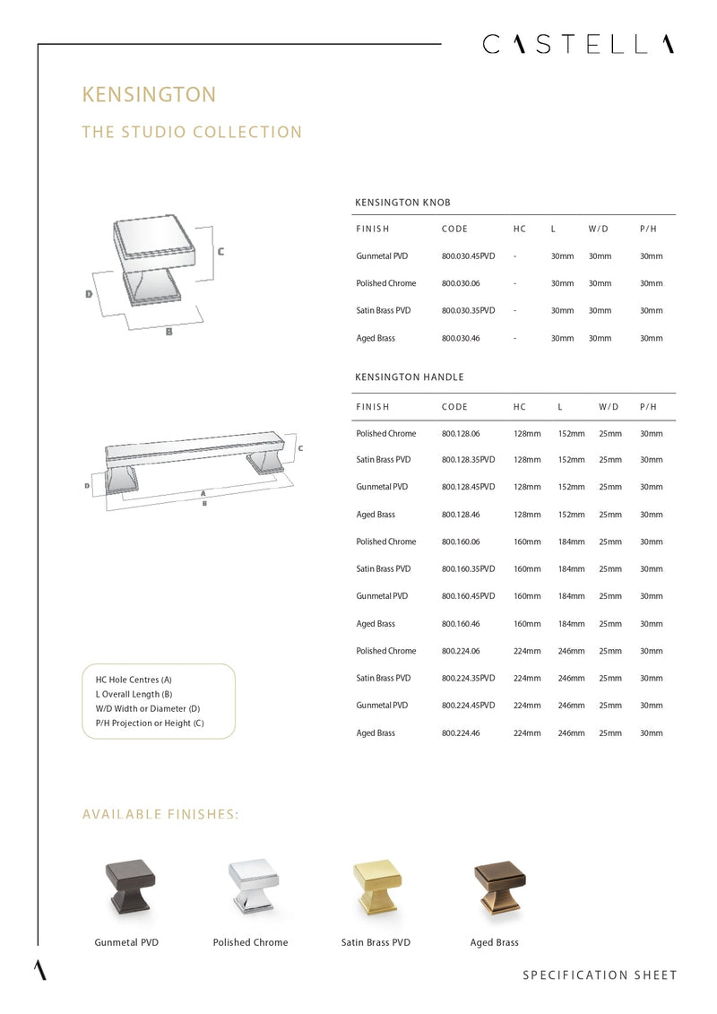 Castella Kensington Cabinet Square Knob 30mm