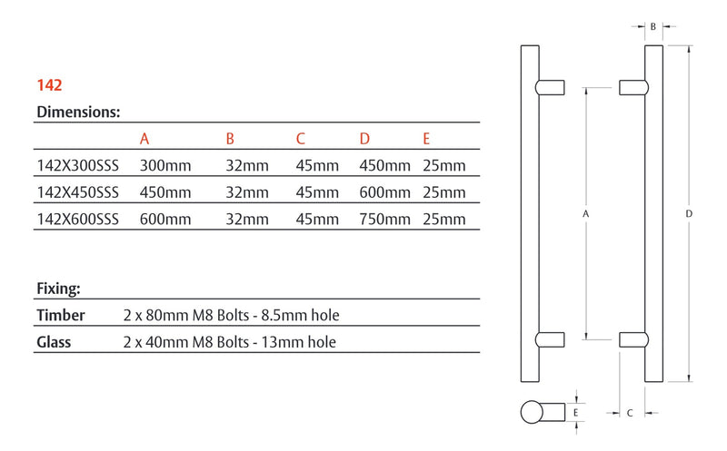 LOCKWOOD ENTRANCE PULL HANDLE 142X300SSS 300MM SATIN STAINLESS STEEL PAIR