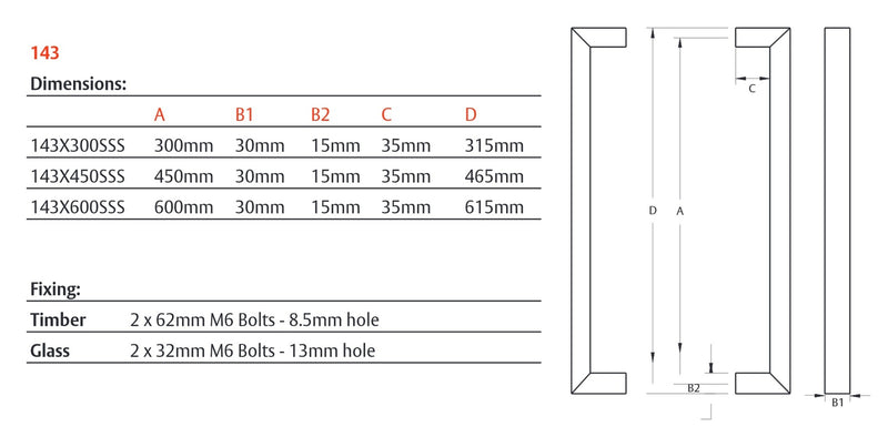 LOCKWOOD ENTRANCE PULL HANDLE 143X300SSS 300MM SATIN STAINLESS STEEL PAIR