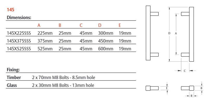 LOCKWOOD ENTRANCE PULL HANDLE 145X225SSS 225MM SATIN STAINLESS STEEL PAIR