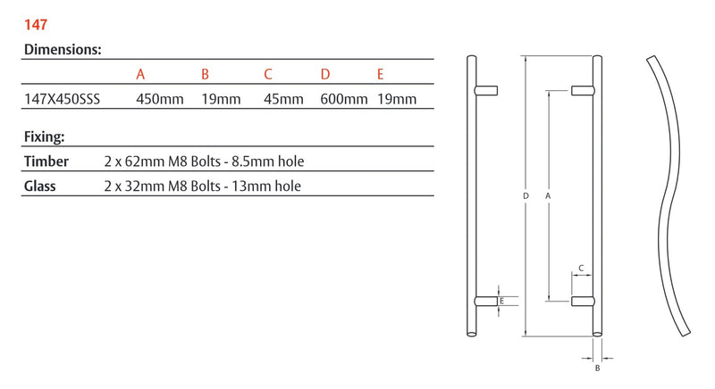 LOCKWOOD ENTRANCE PULL HANDLE 147X450SSS 450MM SATIN STAINLESS STEEL PAIR