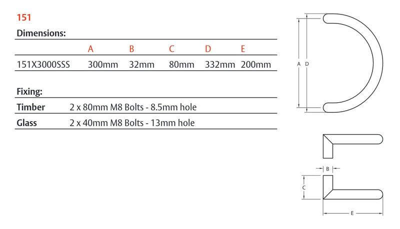 LOCKWOOD 151X300SSS ENTRANCE PULL HANDLE 300MM SATIN STAINLESS STEEL PAIR