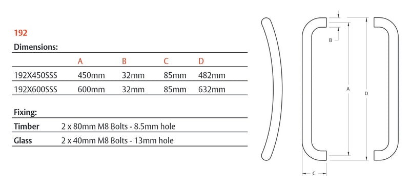 LOCKWOOD ENTRANCE PULL HANDLE 192X450SSS 450MM SATIN STAINLESS STEEL PAIR