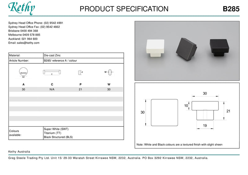 KETHY B285 CABINET SQUARE KNOB DIE CAST ZINC 30X30MM