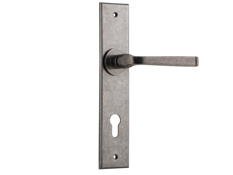 IVER ANNECY DOOR LEVER HANDLE ON CHAMFERED BACKPLATE RUMBLED NICKEL - CUSTOMISE TO YOUR NEEDS