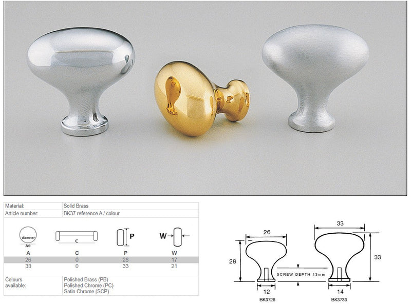 KETHY BK37 CABINET BRASS KNOB EGG 26MM