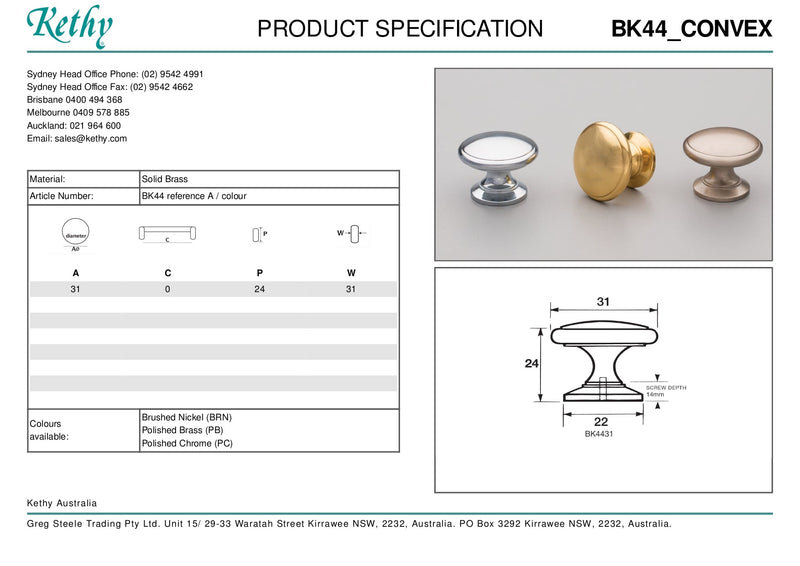 KETHY BK44 CABINET CONVEX KNOB SOLID BRASS 31MM