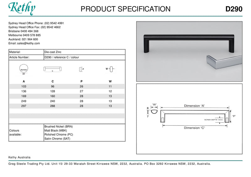 KETHY D290B CABINET OBLONG HANDLE 160MM