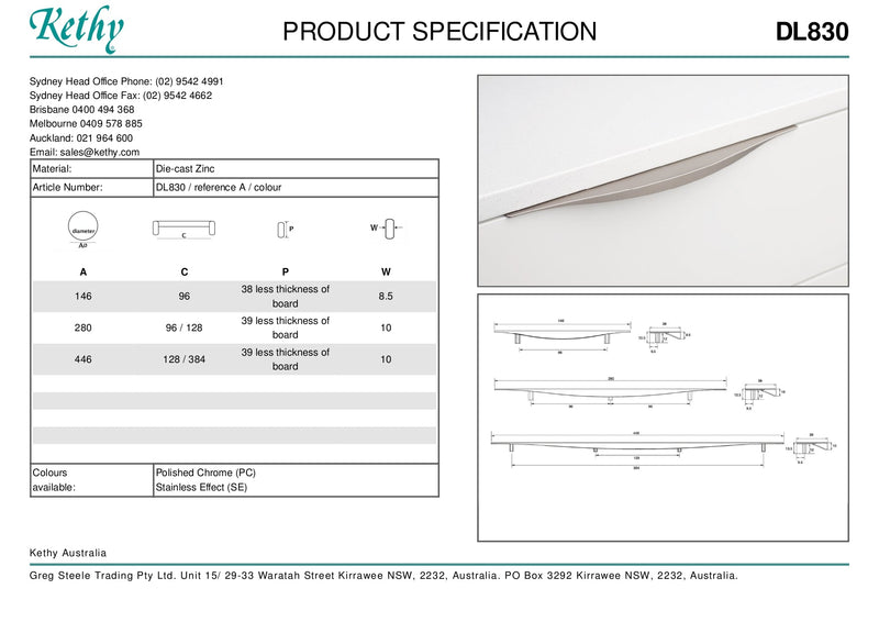 KETHY DL830 CABINET FLAT CURVED EDGE PULL 146MM