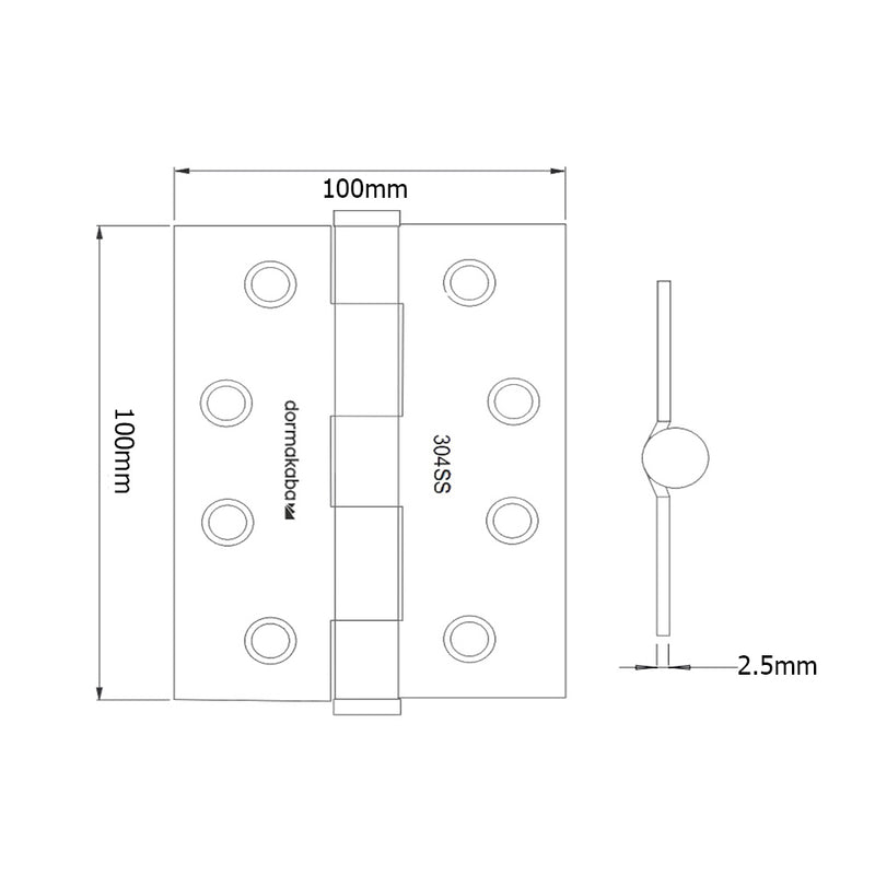 DORMAKABA BROAD BUTT FIXED PIN HINGE 100X100MM BLACK POWDER COAT DKH100100FPBLK