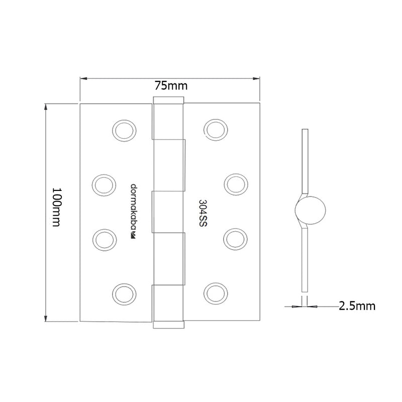 DORMA KABA DOOR BUTT HINGE FIXED PIN 100X75X2.5MM BLACK DKH10075FPBLK