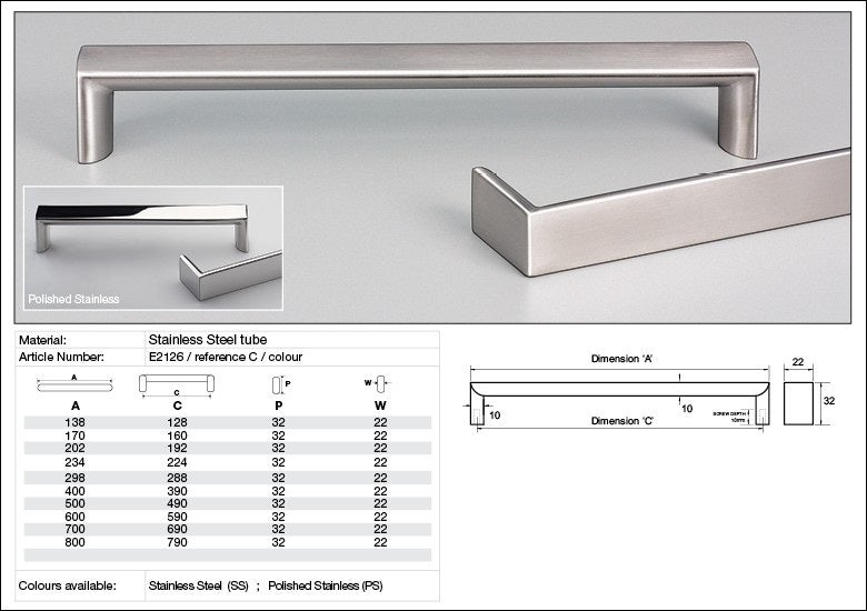 KETHY E2126 CABINET ROMA 22MM FLAT TOP POLISHED STAINLESS STEEL HANDLE