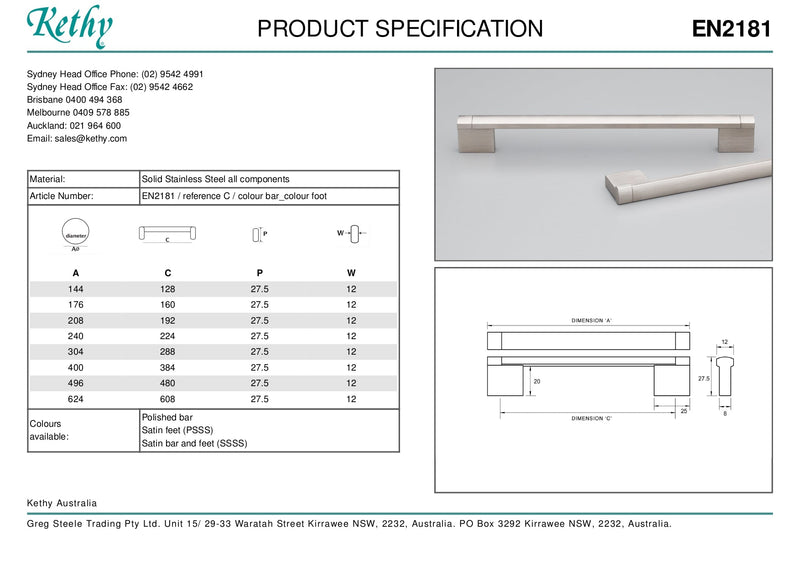 KETHY EN2181 CABINET FLINDERS ENVIRO 12MM CURVED TOP HANDLE