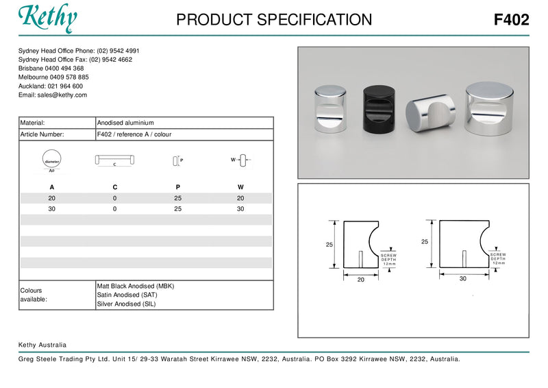 KETHY F402 CABINET CYLINDER KNOB 20MM