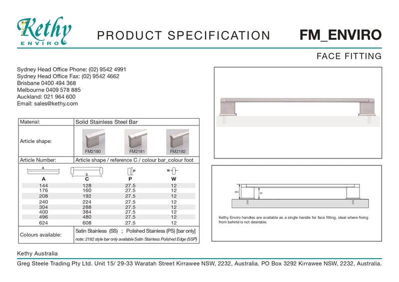 KETHY FM2182 CABINET TASMAN ENVIRO 12MM FACE MOUNT TWO TONE TOP HANDLE