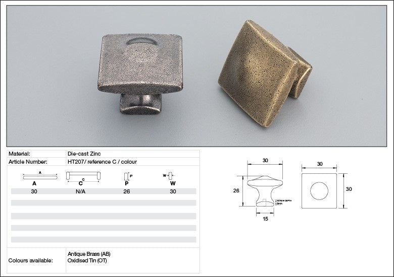 KETHY HT207 CABINET HAMPTON SQUARE KNOB 30MM