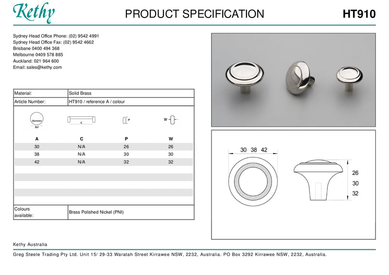 KETHY HT910 CABINET DOVER KNOB BRASS POLISHED NICKEL