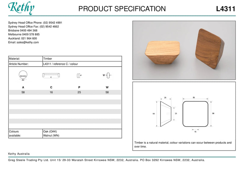 KETHY L4311 CABINET APP WOOD KNOB 58MM