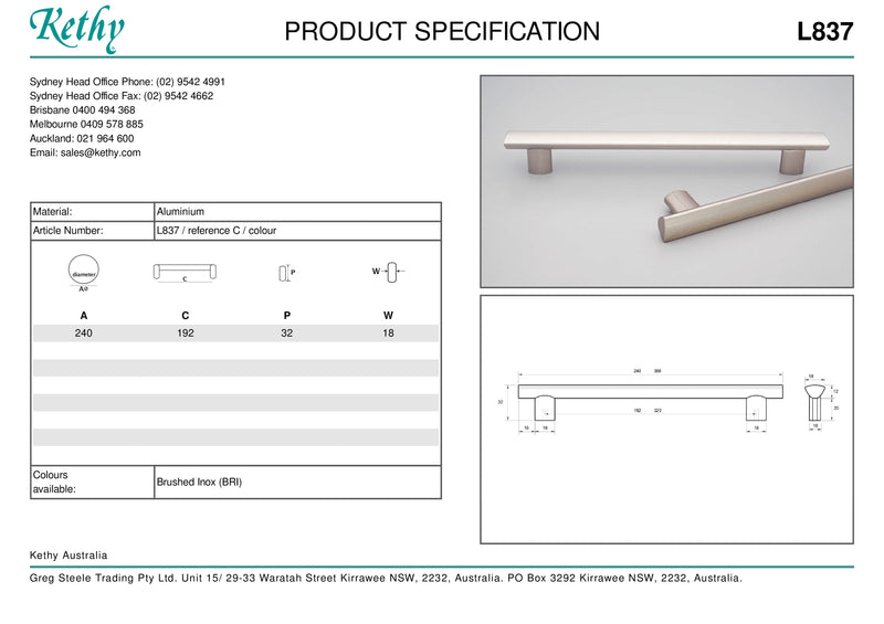 KETHY L837 ALUMINUM CABINET HANDLE 192MM