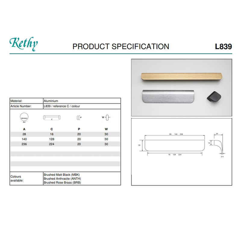 KETHY L839 CLARE CABINET PULL HANDLE 128MM