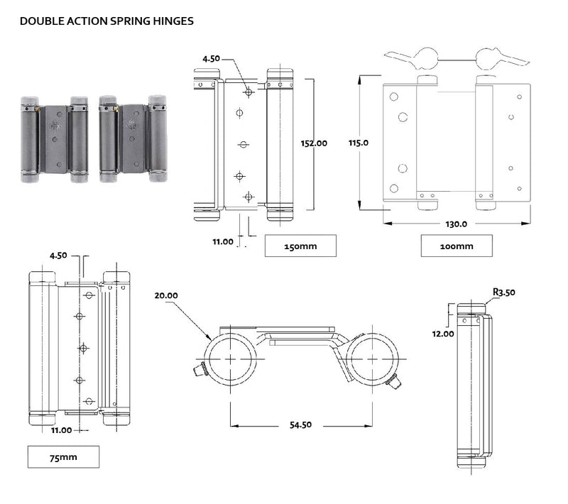 HFH DOOR HINGE 4150-104 DOUBLE ACTION SPRING 100MM SATIN CHROME PAIR