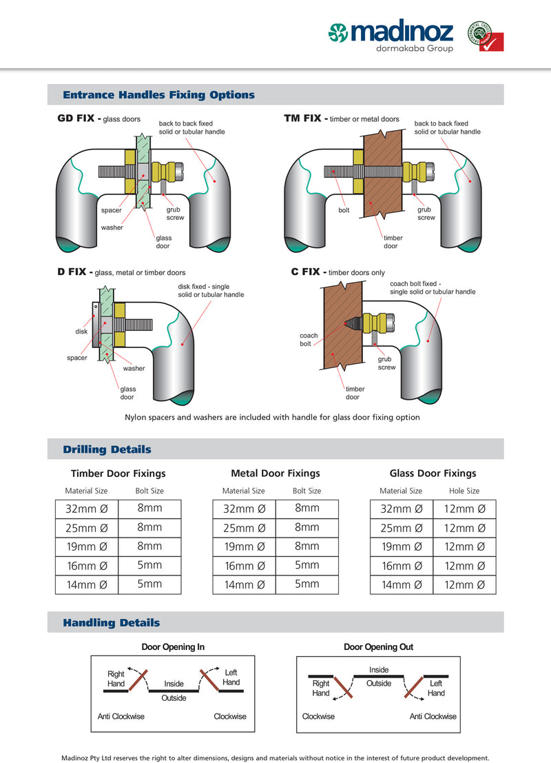 MADINOZ 2525 SQUARE ENTRY DOOR HANDLE - AVAILABLE IN VARIOUS FINISHES AND SIZES