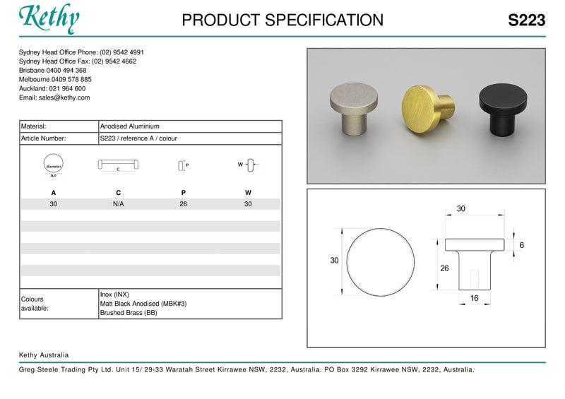 KETHY S223 CABINET KNOB 30MM