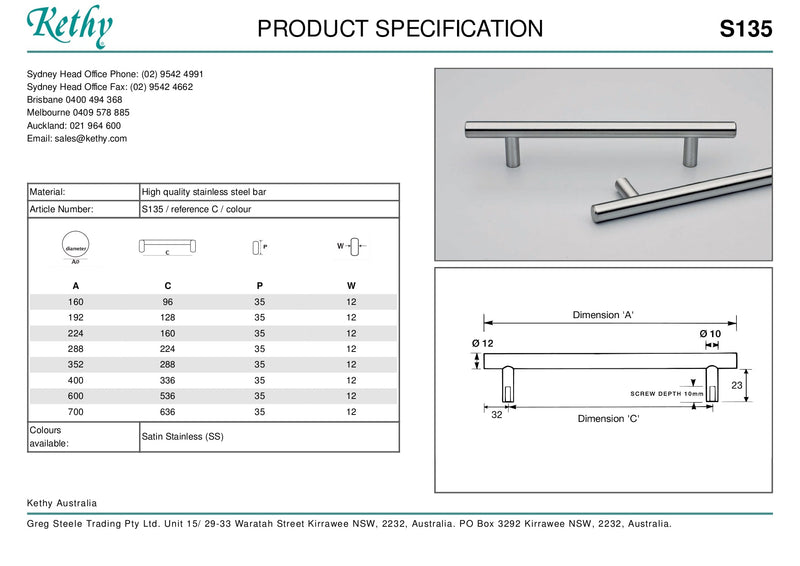 KETHY SS135 CABINET STAINLESS STEEL BAZEL PULL HANDLE